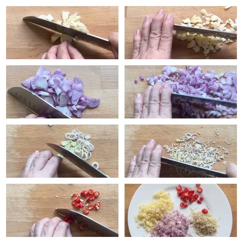 Chop garlic, shallots, lemongrass, dice chilli.