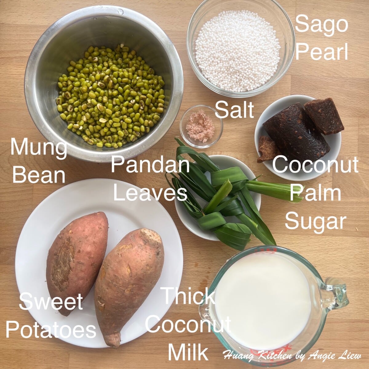Prepare ingredients for making mung bean sweet potato dessert.