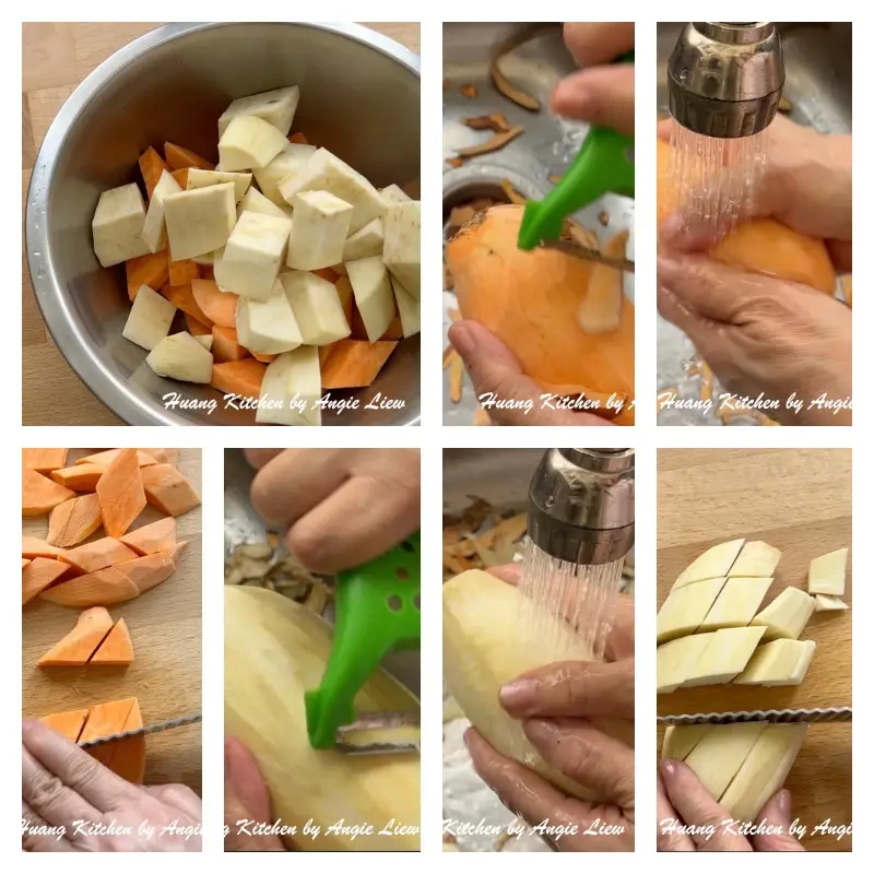Skin sweet potatoes and cut into cubes.