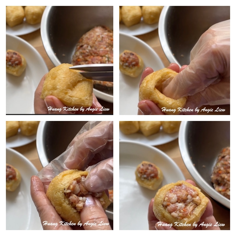 Stuff mince meat into fried beancurd.