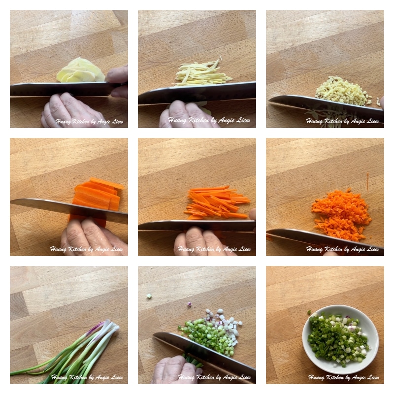 Dice finely ginger, carrot and spring onions.