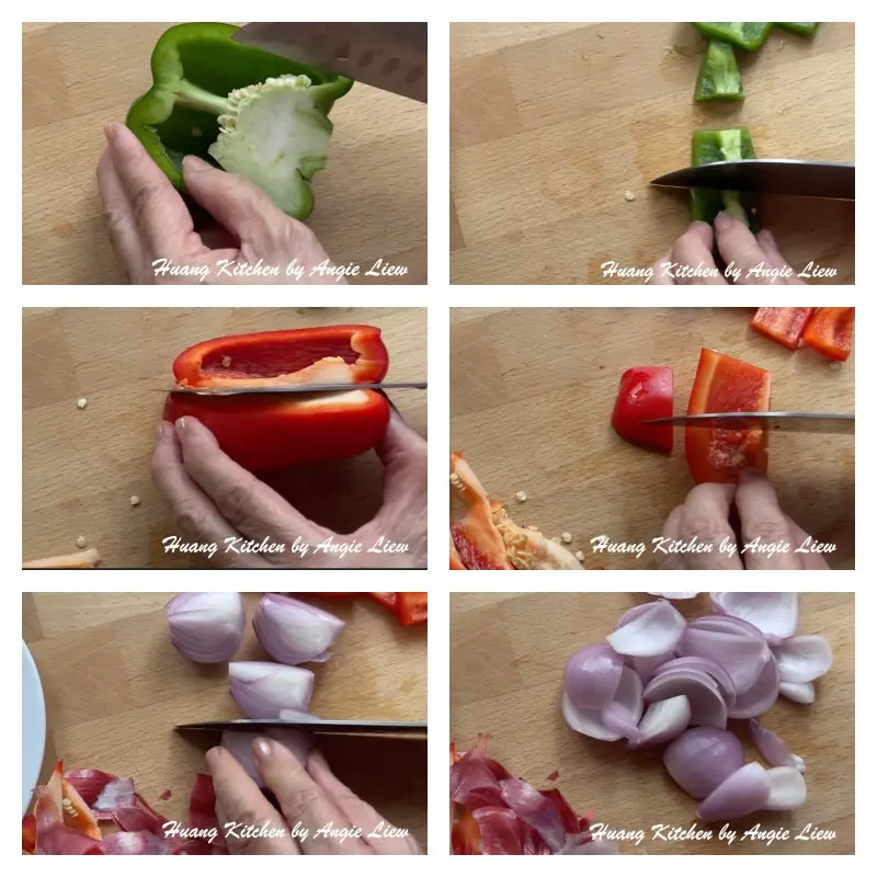 Cut green, red pepper and onion.