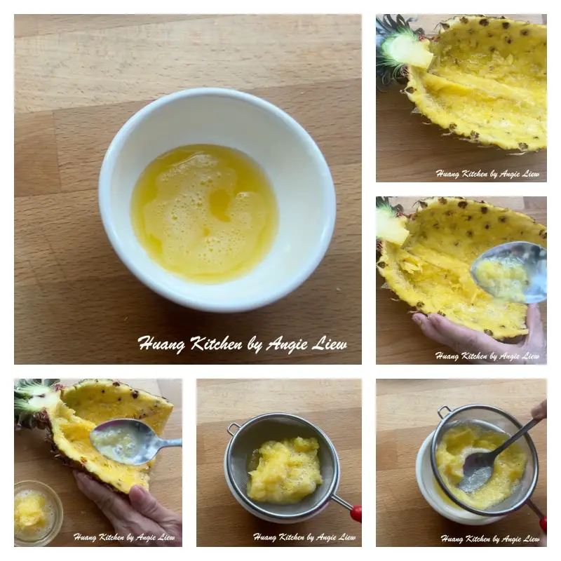 Lightly press the hollow shell and drain to collect pineapple juice.
