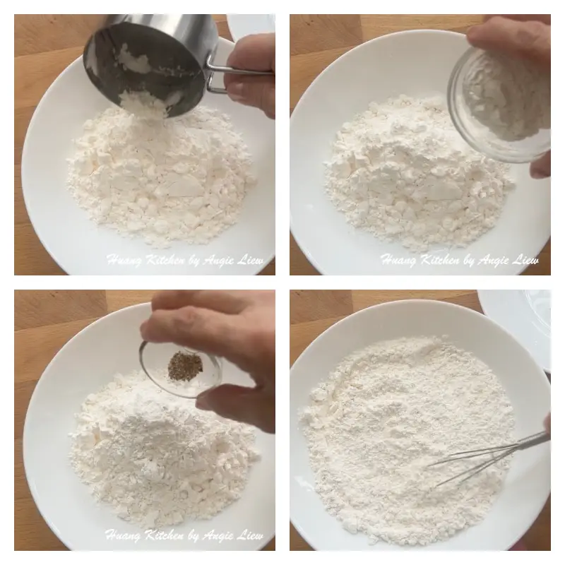 Place cornstarch, rice flour and pepper on a plate.