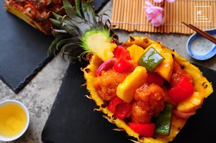 Deep fried ribs coated with Homemade sweet and sour sauce made with pineapple juice and plum sauce.