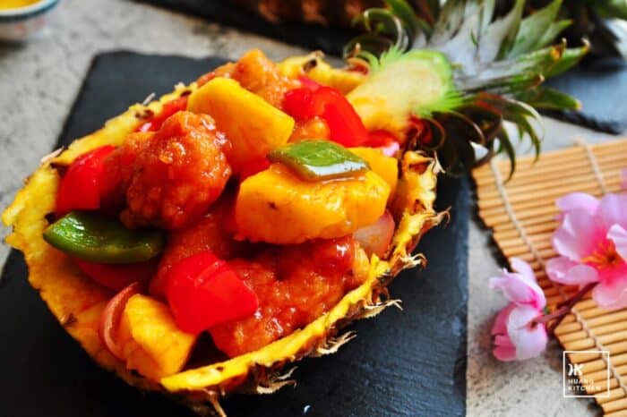 Chinese-style sweet and sour pork ribs with pineapple